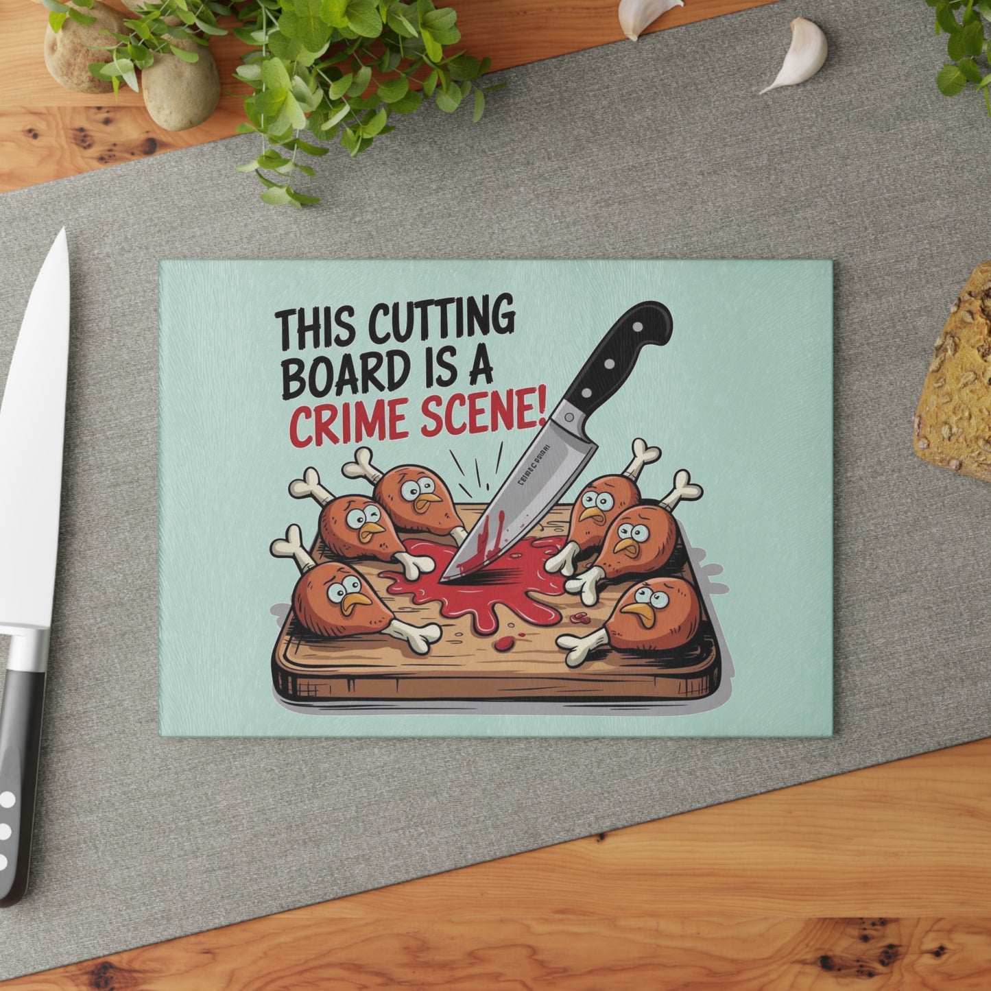This Cutting Board Is a Crime Scene glass cutting board | Funny chicken drumstick illustration