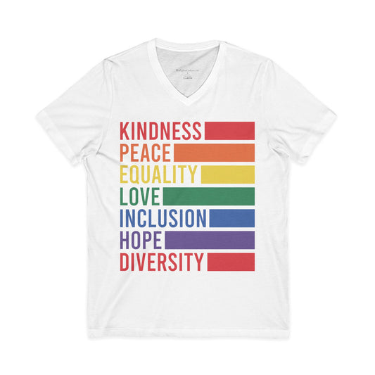 Inclusive Kindness V-Neck Tee | Unisex Pride T-Shirt | LGBTQ+ Love Shirt | Equality & Diversity Apparel | Comfortable Casual Wear