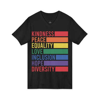 Inclusive Kindness V-Neck Tee | Unisex Pride T-Shirt | LGBTQ+ Love Shirt | Equality & Diversity Apparel | Comfortable Casual Wear